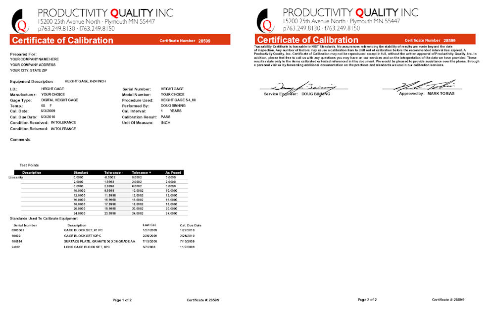 Height Gage Calibration